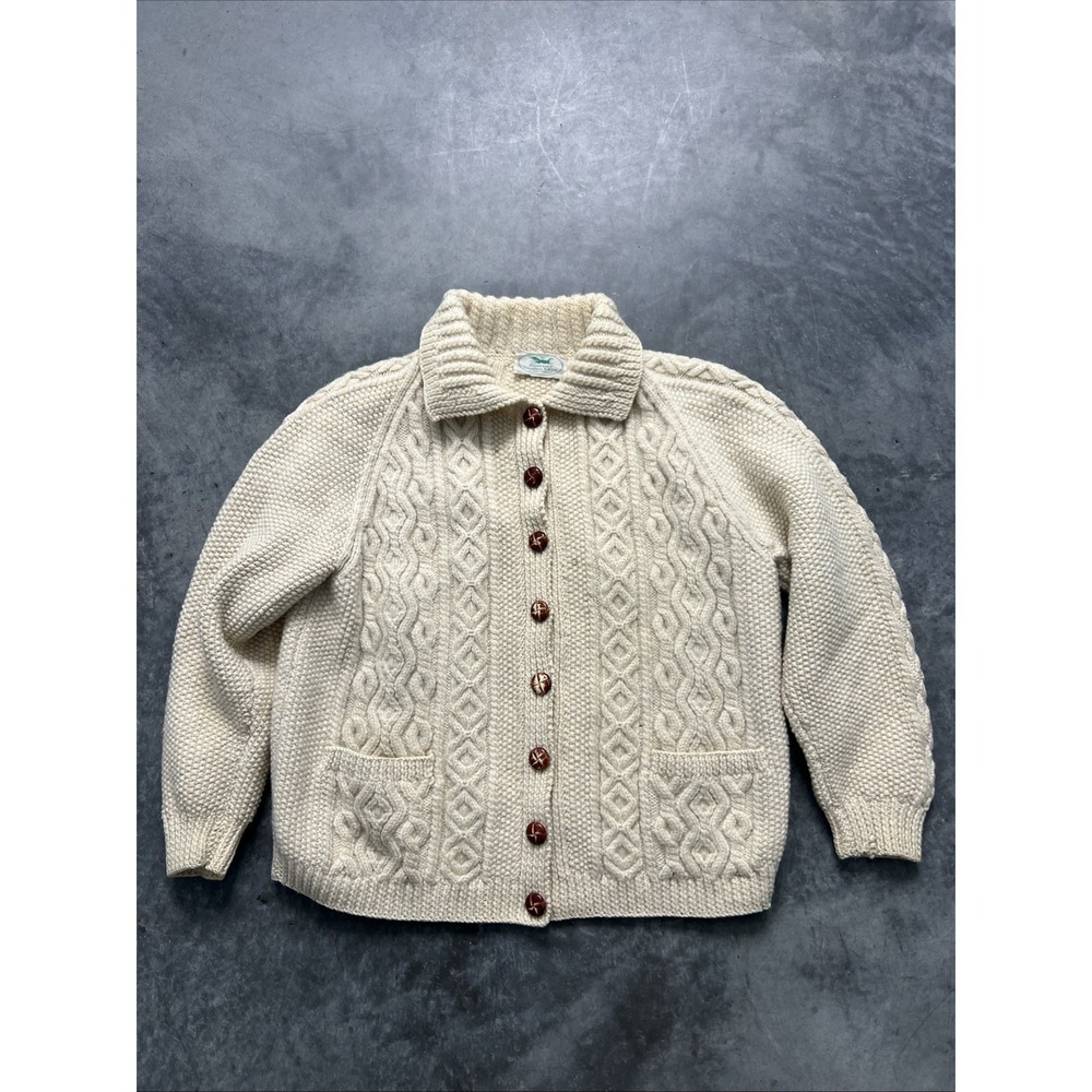 Vintage Cabin Knit Cardigan cream size L 70s/80s. Heavy sweater Sku296
